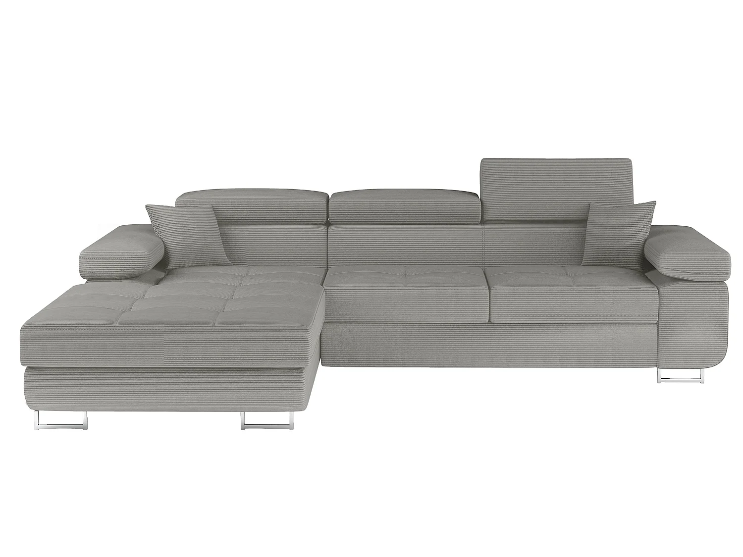 Canapé d’angle convertible KALIZO en tissu côtelé avec coffre, têtières réglables et pieds en acier chromé – 289cm-Gris-angle gauche