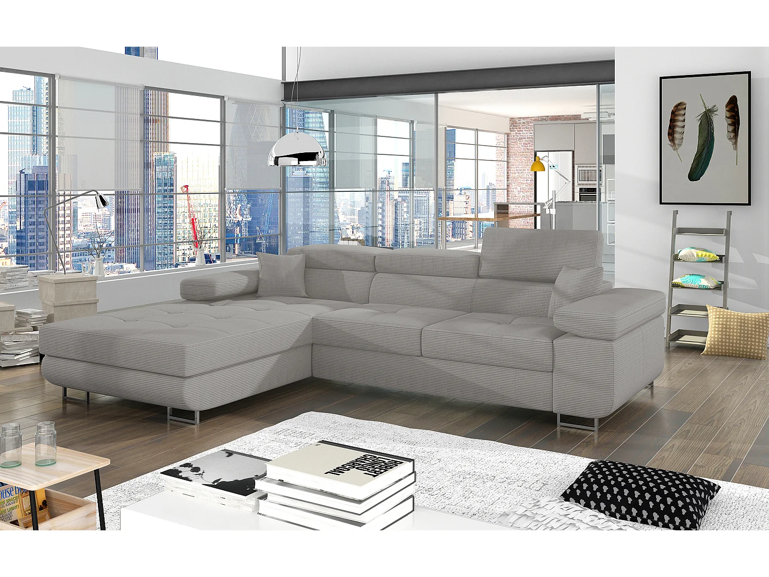 Canapé d’angle convertible KALIZO en tissu côtelé avec coffre, têtières réglables et pieds en acier chromé – 289cm-Gris-angle gauche