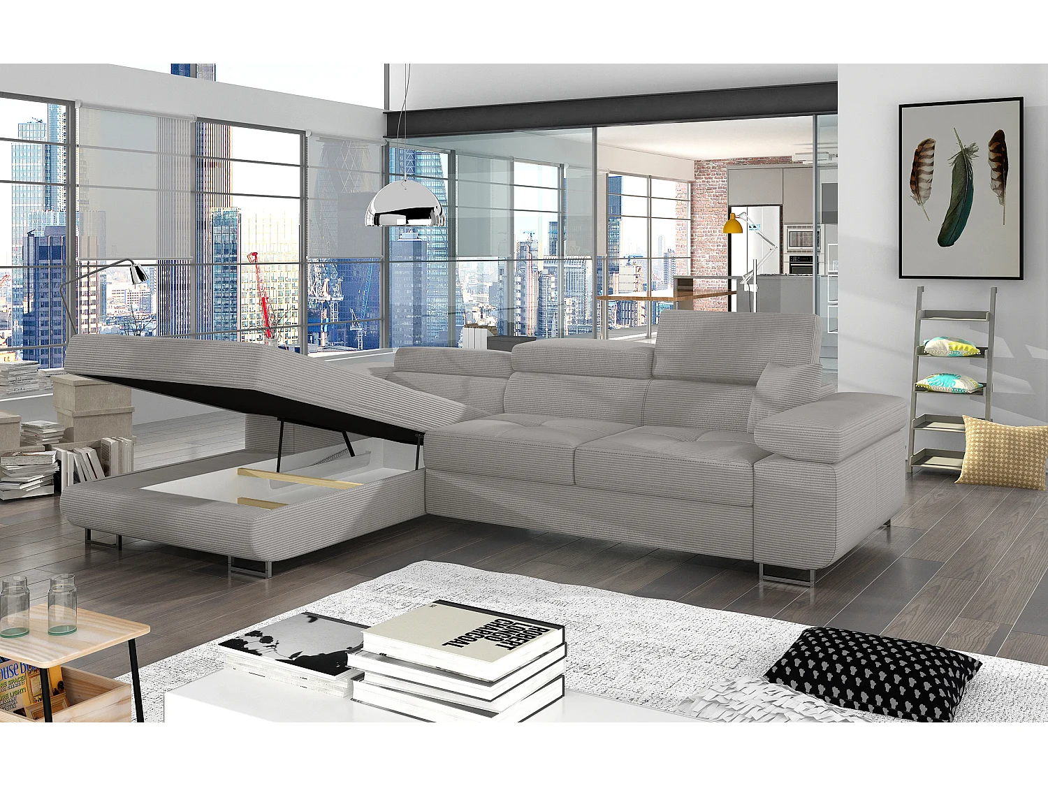 Canapé d’angle convertible KALIZO en tissu côtelé avec coffre, têtières réglables et pieds en acier chromé – 289cm-Gris-angle gauche