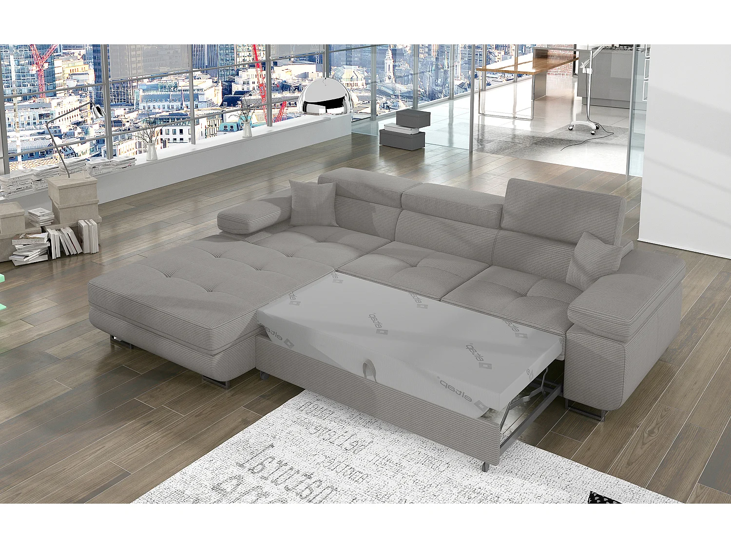 Canapé d’angle convertible KALIZO en tissu côtelé avec coffre, têtières réglables et pieds en acier chromé – 289cm-Gris-angle gauche