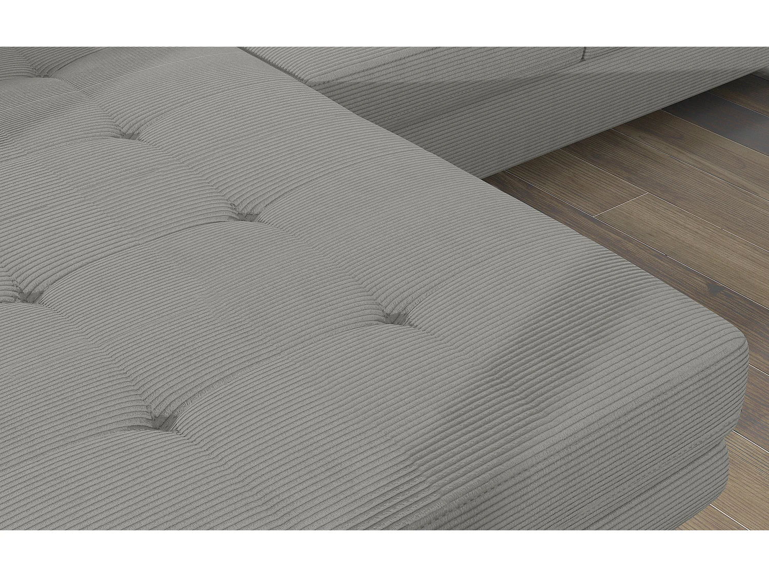 Canapé d’angle convertible KALIZO en tissu côtelé avec coffre, têtières réglables et pieds en acier chromé – 289cm-Gris-angle gauche