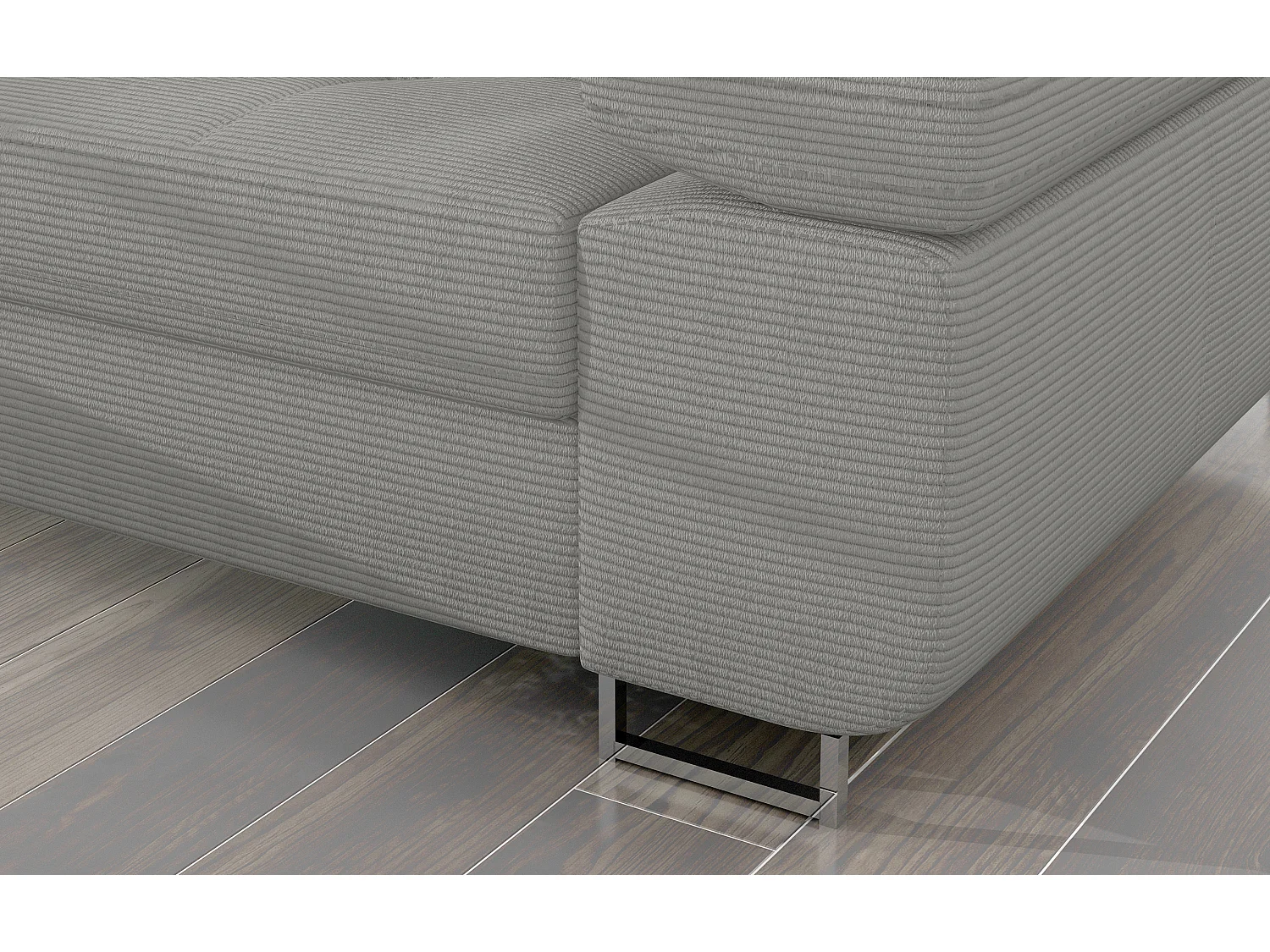 Canapé d’angle convertible KALIZO en tissu côtelé avec coffre, têtières réglables et pieds en acier chromé – 289cm-Gris-angle gauche