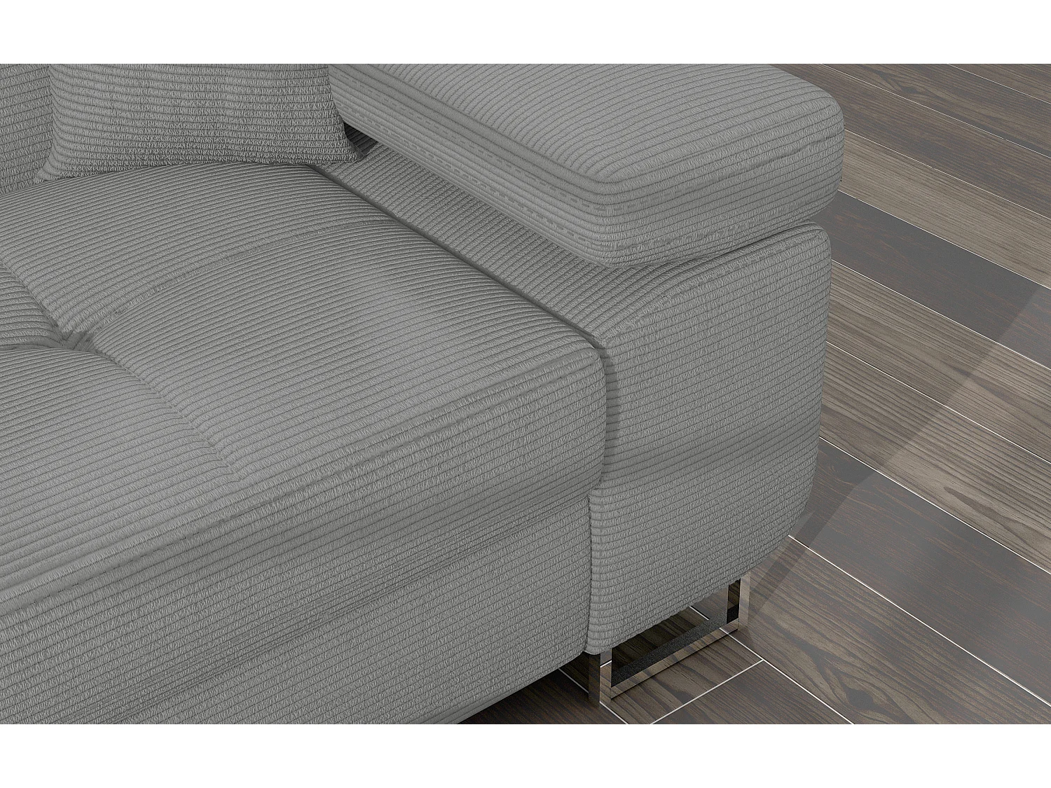 Canapé d’angle convertible KALIZO en tissu côtelé avec coffre, têtières réglables et pieds en acier chromé – 289cm-Gris-angle gauche