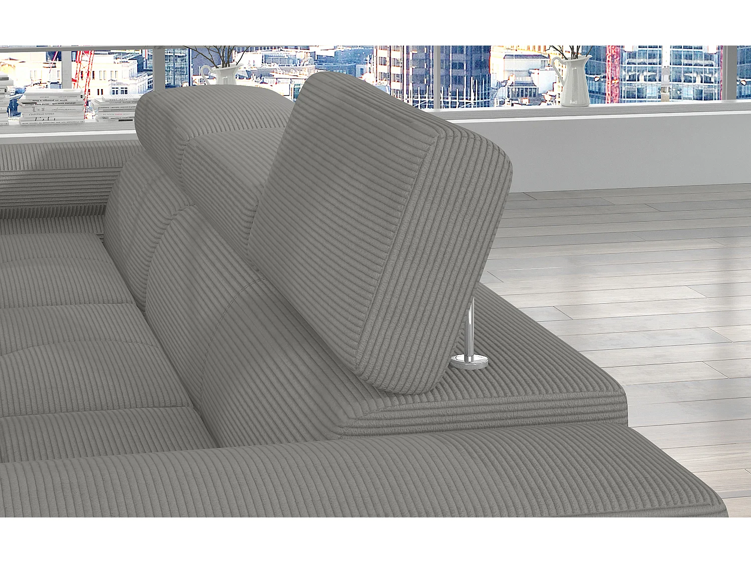 Canapé d’angle convertible KALIZO en tissu côtelé avec coffre, têtières réglables et pieds en acier chromé – 289cm-Gris-angle gauche