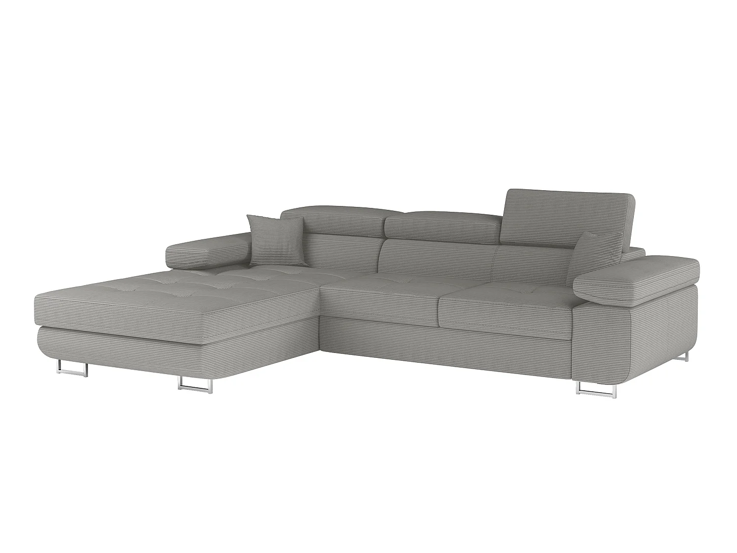 Canapé d’angle convertible KALIZO en tissu côtelé avec coffre, têtières réglables et pieds en acier chromé – 289cm-Gris-angle gauche