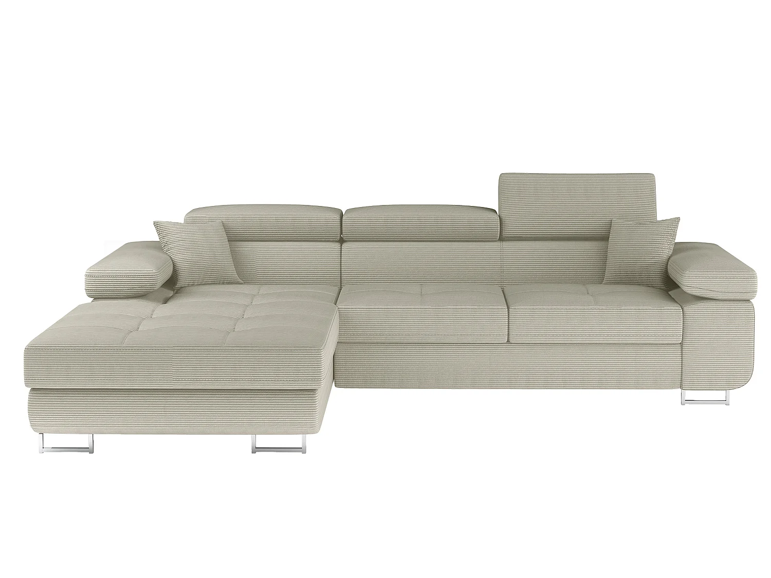 Canapé d’angle convertible KALIZO en tissu côtelé avec coffre, têtières réglables et pieds en acier chromé – 289cm-Gris-angle gauche