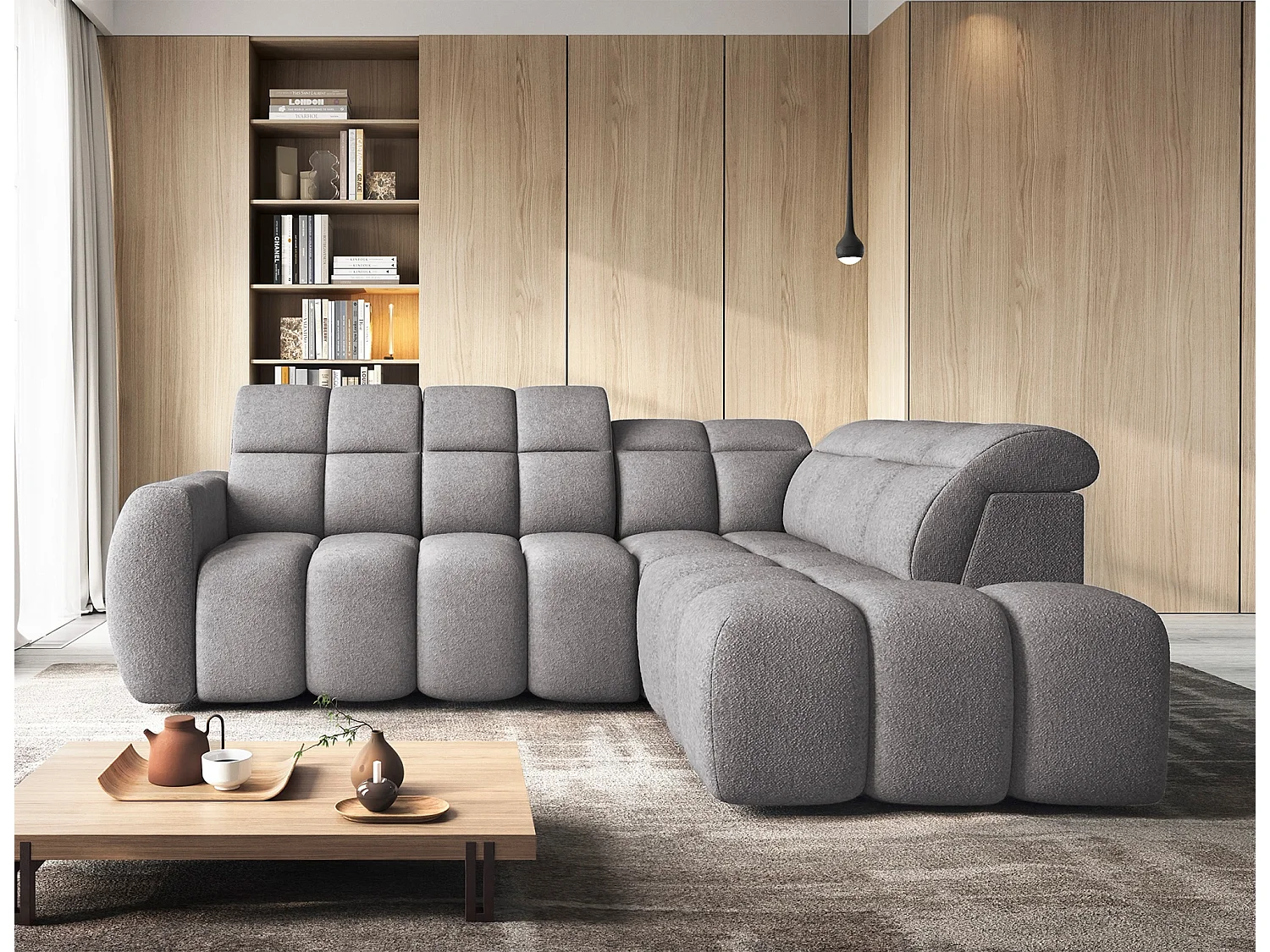 Canapé d’angle convertible 4 places BOBOON en tissu avec coffre de rangement – 258cm-Gris foncé-angle droit