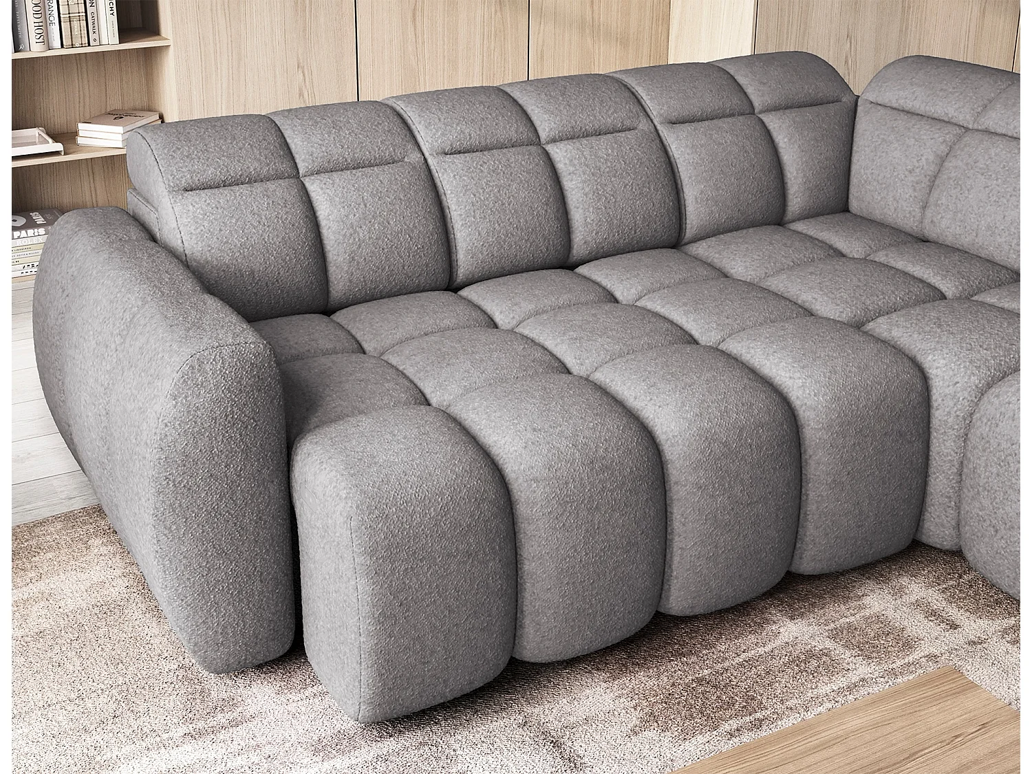 Canapé d’angle convertible 4 places BOBOON en tissu avec coffre de rangement – 258cm-Gris foncé-angle droit