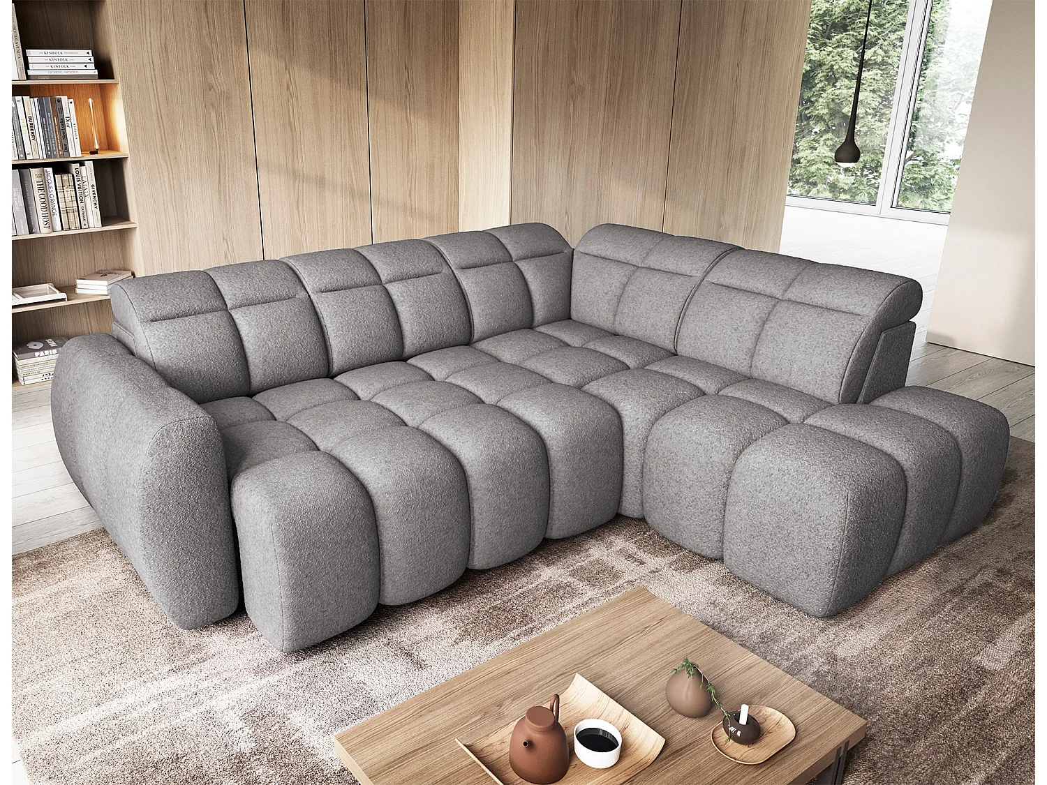 Canapé d’angle convertible 4 places BOBOON en tissu avec coffre de rangement – 258cm-Gris foncé-angle droit
