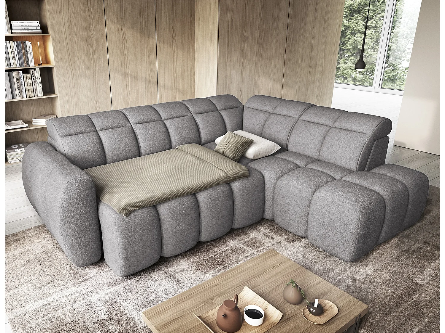 Canapé d’angle convertible 4 places BOBOON en tissu avec coffre de rangement – 258cm-Gris foncé-angle droit