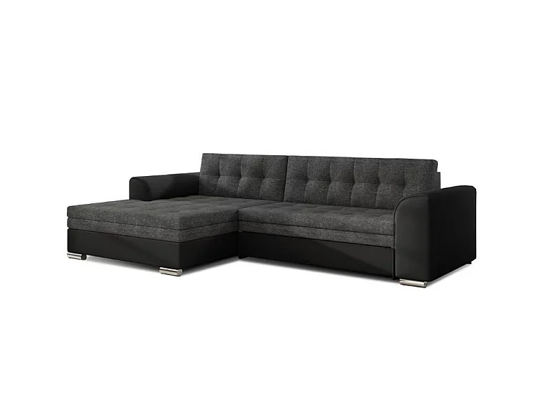 Sofá esquinero convertible KAPONA en tela y piel sintética - Patas de acero cromado-Negro/Gris oscuro-Ángulo izquierdo