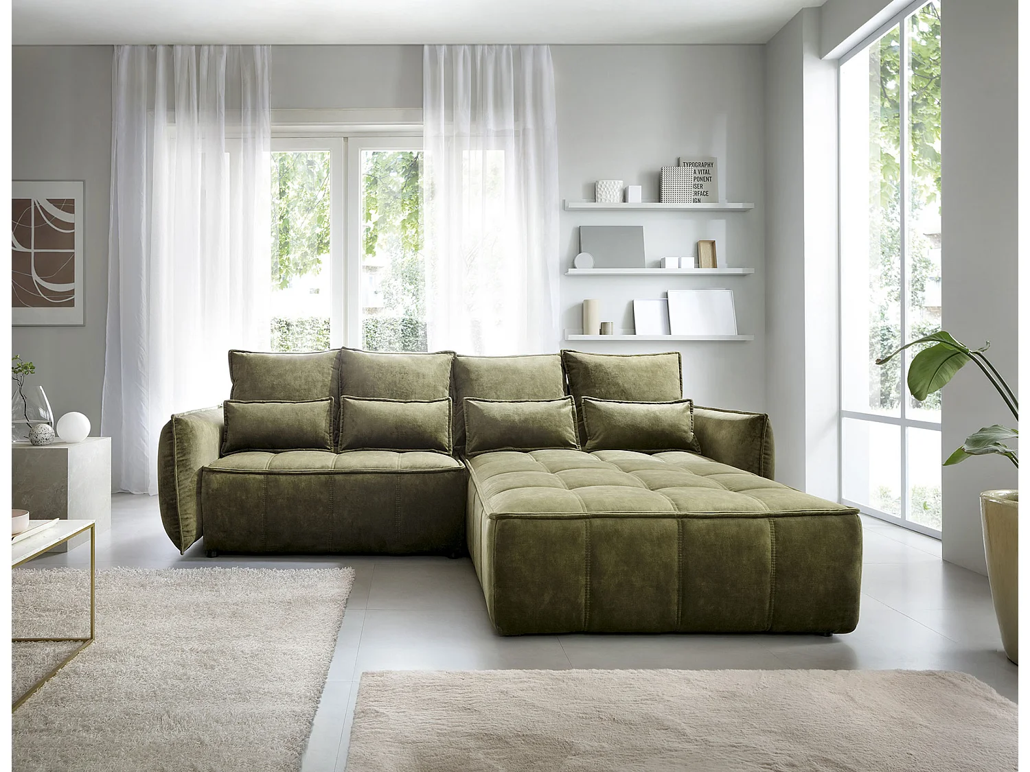 Canapé d’angle convertible 4 places KAMPUS en tissu effet cuir avec coffre de rangement – 265cm-Vert olive-angle droit