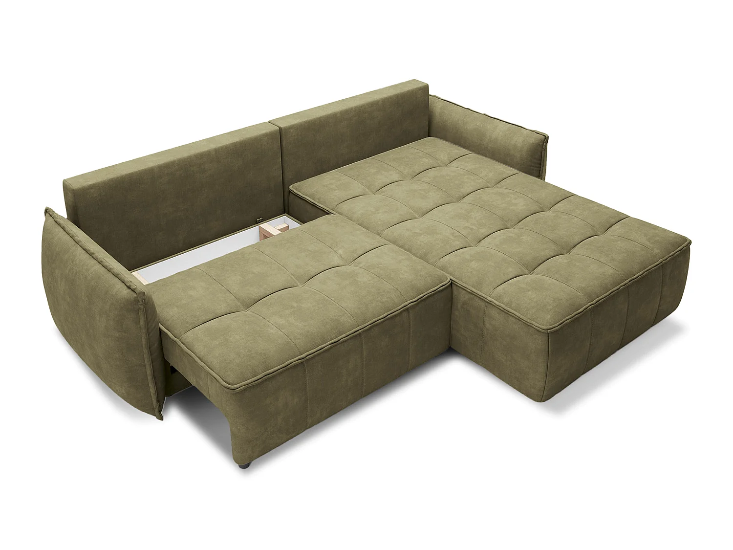 Canapé d’angle convertible 4 places KAMPUS en tissu effet cuir avec coffre de rangement – 265cm-Vert olive-angle droit