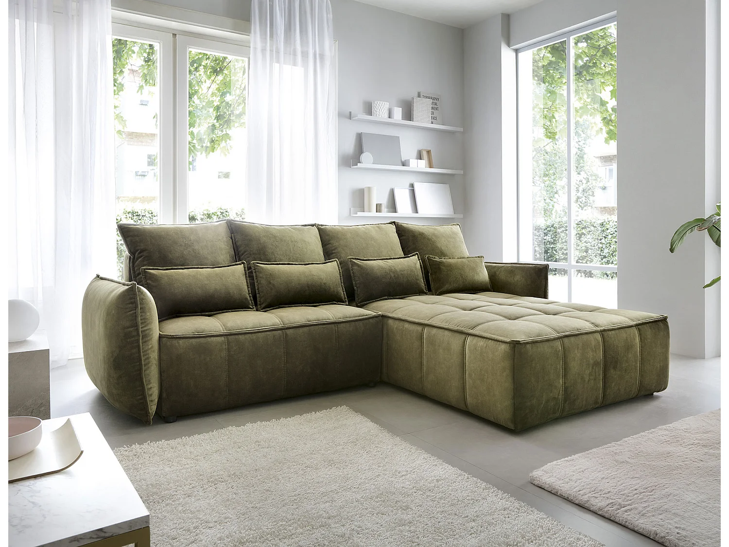 Canapé d’angle convertible 4 places KAMPUS en tissu effet cuir avec coffre de rangement – 265cm-Vert olive-angle droit