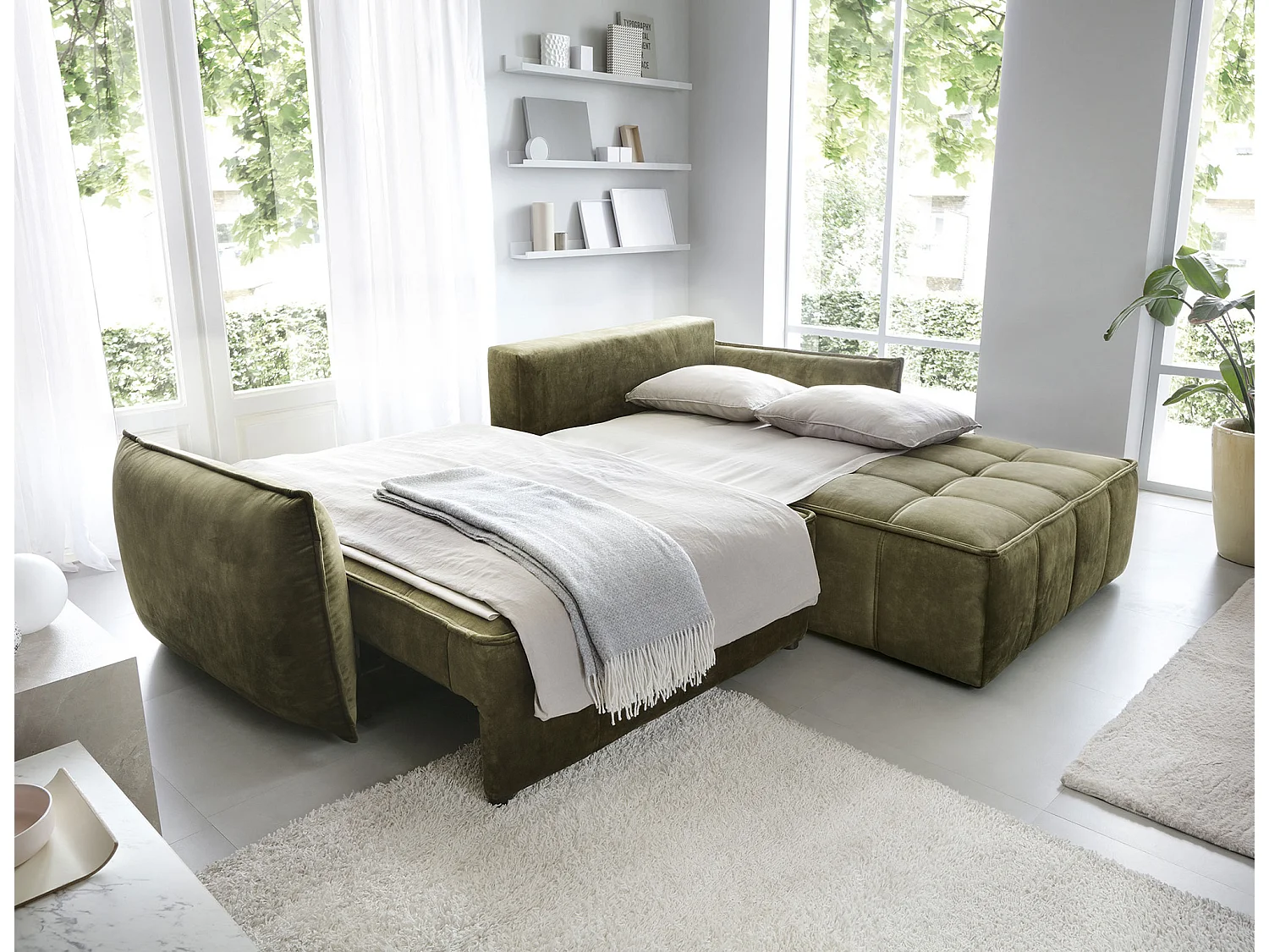 Canapé d’angle convertible 4 places KAMPUS en tissu effet cuir avec coffre de rangement – 265cm-Vert olive-angle droit