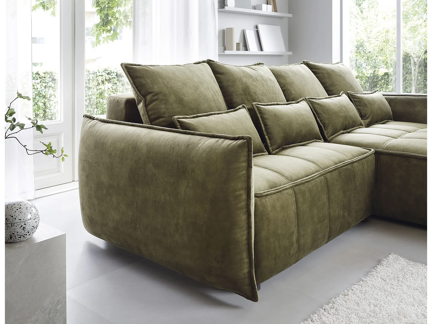 Canapé d’angle convertible 4 places KAMPUS en tissu effet cuir avec coffre de rangement – 265cm-Vert olive-angle droit