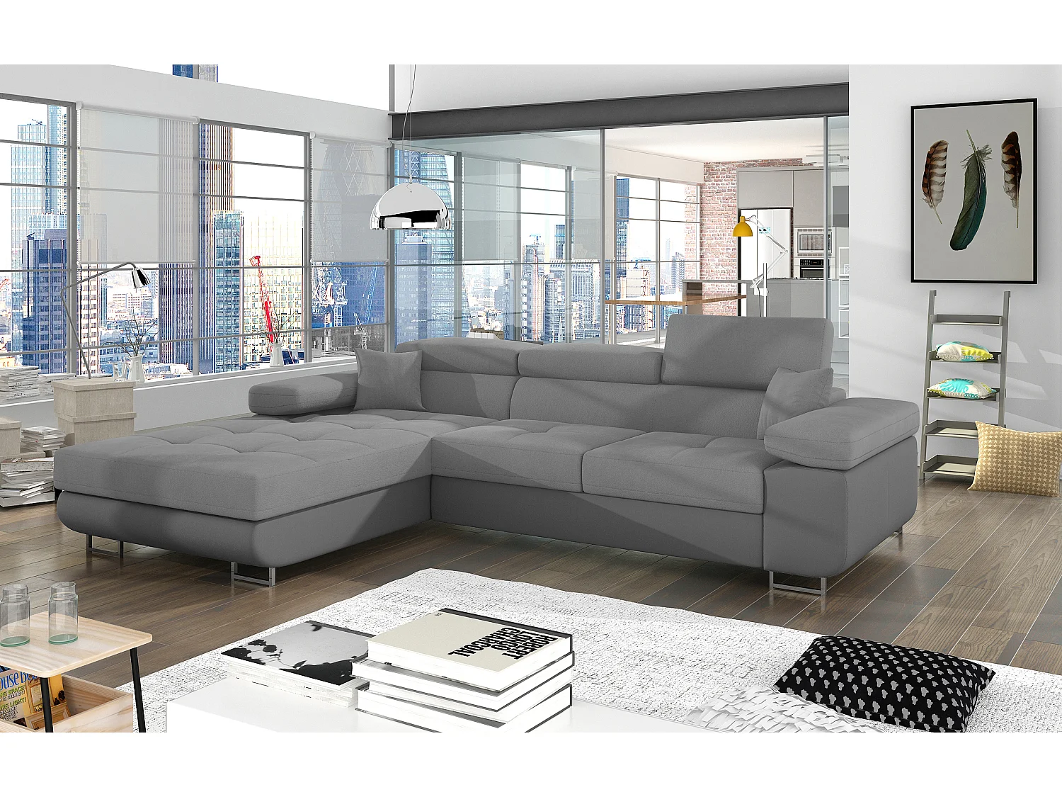 Sofá esquinero convertible KALIZO con reposacabezas regulables - Base y patas de acero cromado-Gris oscuro/gris-Ángulo izquierdo