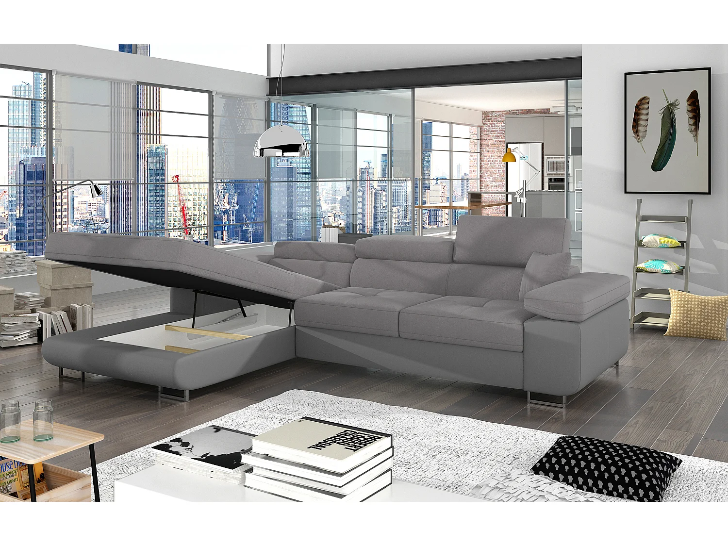 Sofá esquinero convertible KALIZO con reposacabezas regulables - Base y patas de acero cromado-Gris oscuro/gris-Ángulo izquierdo