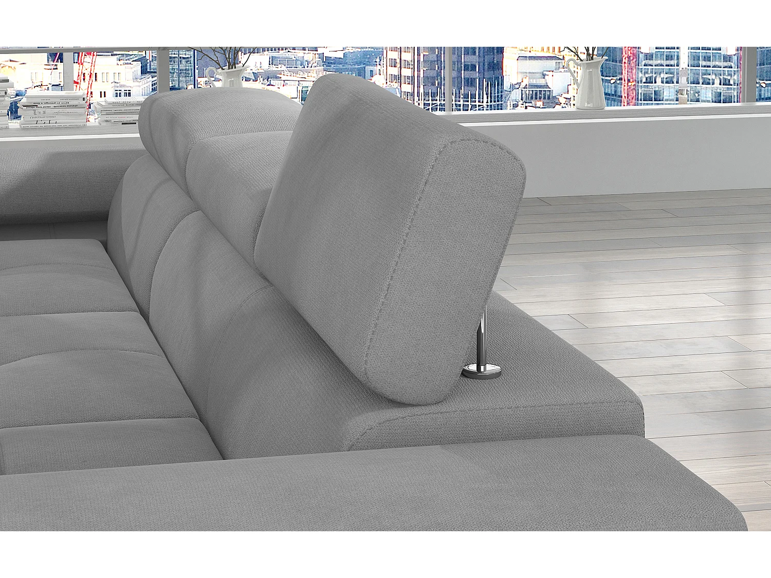 Sofá esquinero convertible KALIZO con reposacabezas regulables - Base y patas de acero cromado-Gris oscuro/gris-Ángulo izquierdo