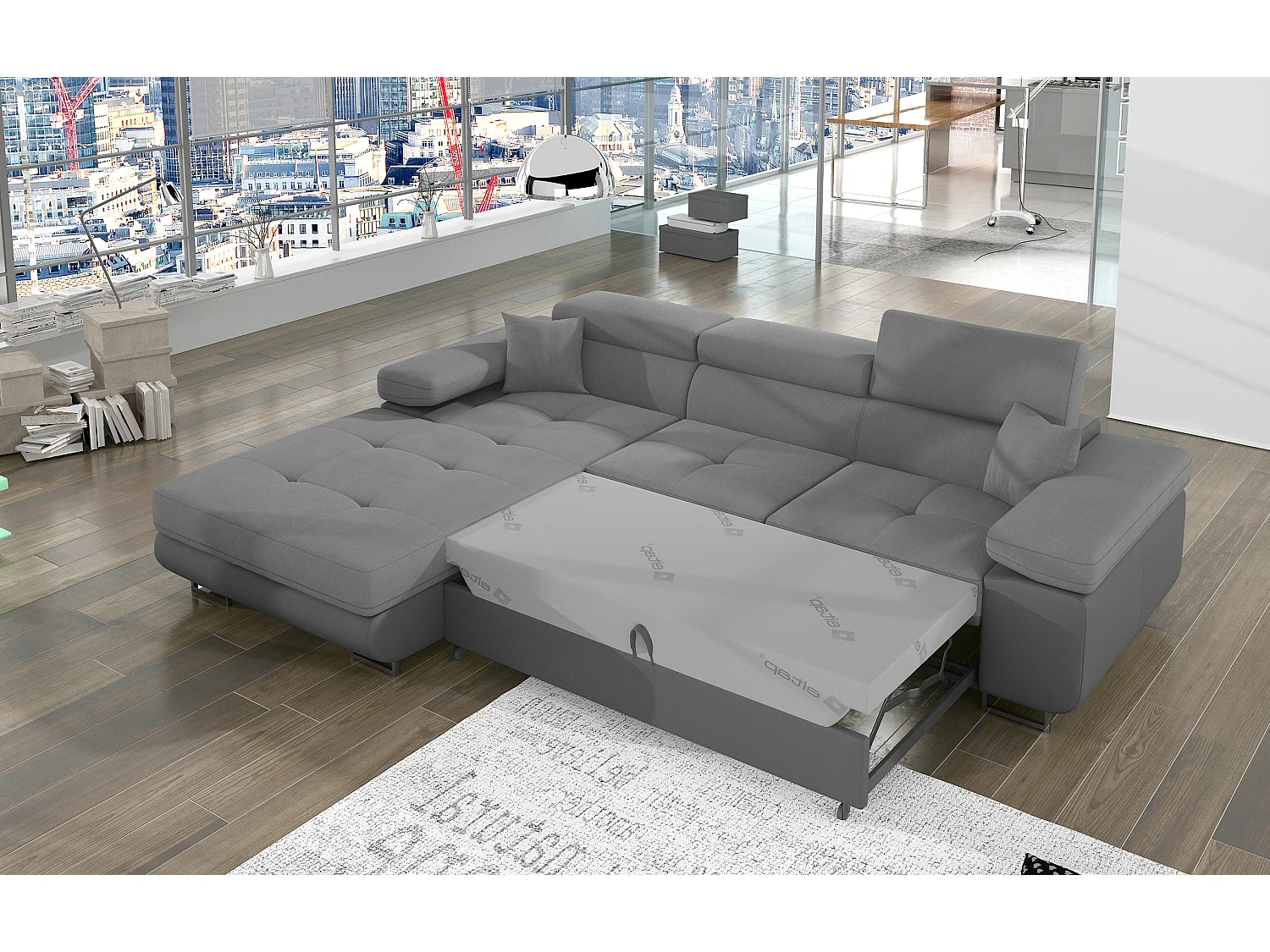 Sofá esquinero convertible KALIZO con reposacabezas regulables - Base y patas de acero cromado-Gris oscuro/gris-Ángulo izquierdo