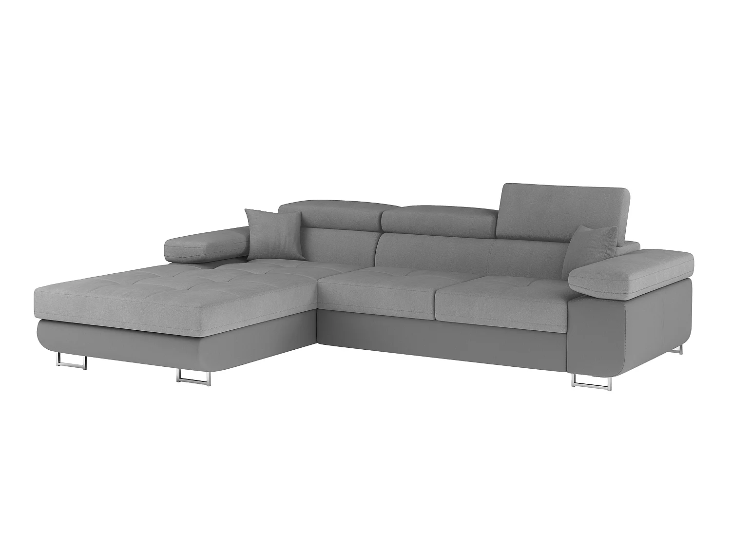 Sofá esquinero convertible KALIZO con reposacabezas regulables - Base y patas de acero cromado-Gris oscuro/gris-Ángulo izquierdo