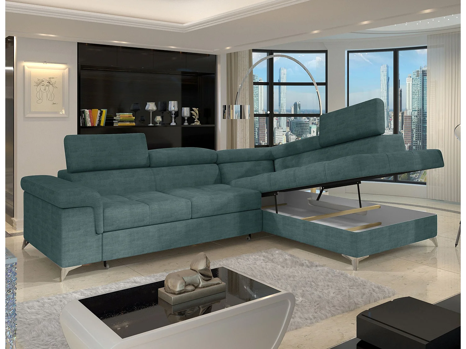 Canapé d’angle convertible MARIDO en tissu avec coffre et têtières réglables – 275cm-Vert-angle droit