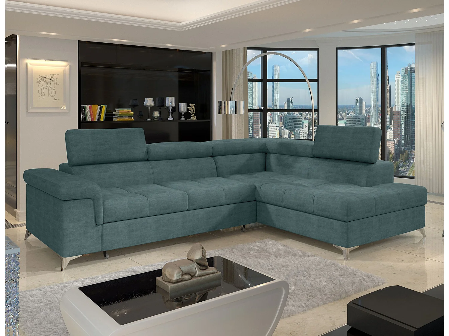 Canapé d’angle convertible MARIDO en tissu avec coffre et têtières réglables – 275cm-Vert-angle droit