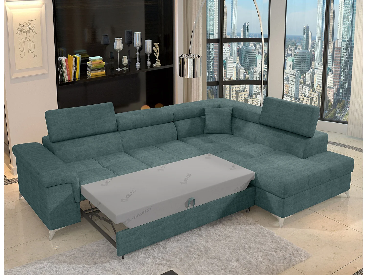 Canapé d’angle convertible MARIDO en tissu avec coffre et têtières réglables – 275cm-Vert-angle droit