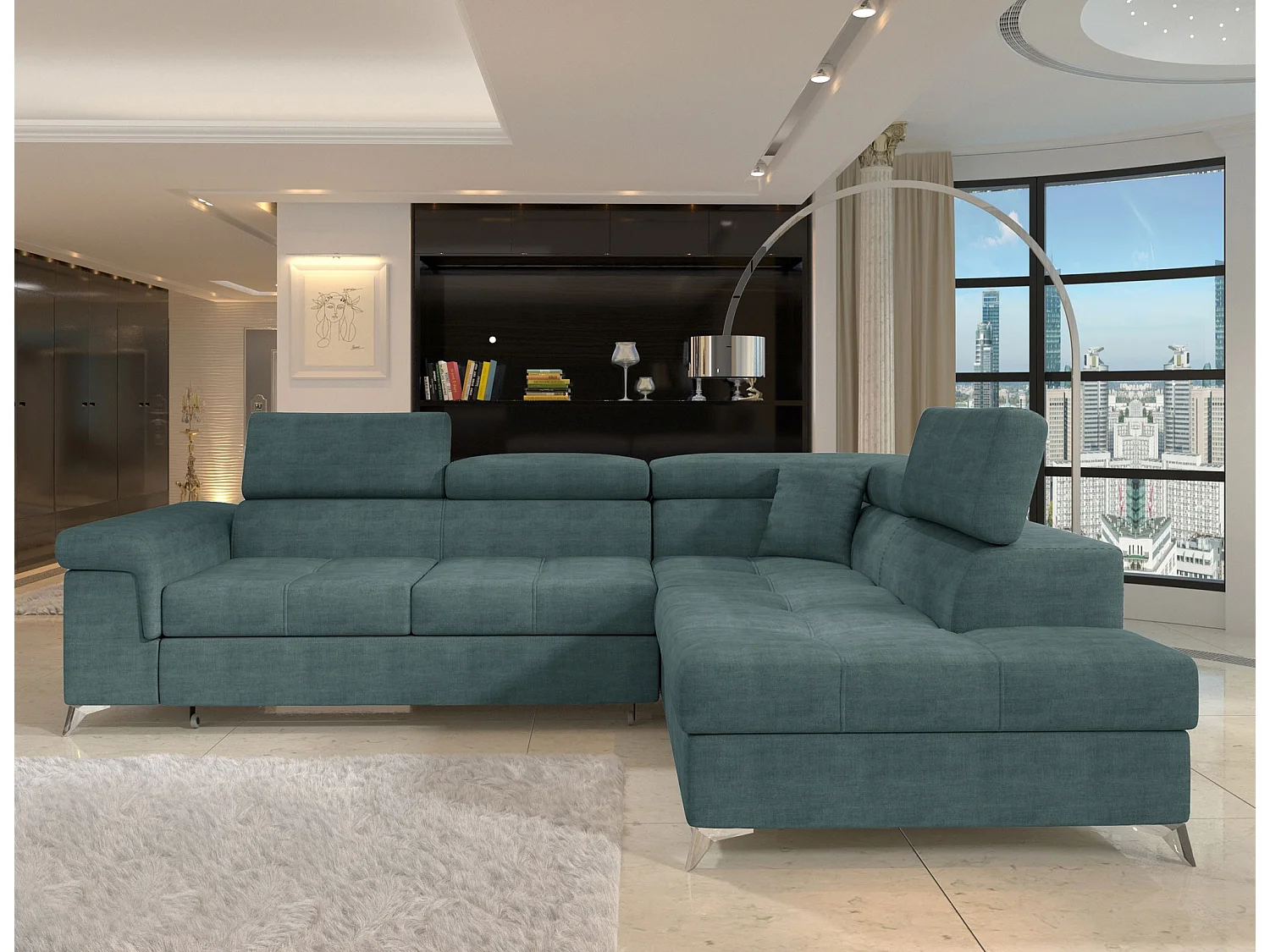 Canapé d’angle convertible MARIDO en tissu avec coffre et têtières réglables – 275cm-Vert-angle droit