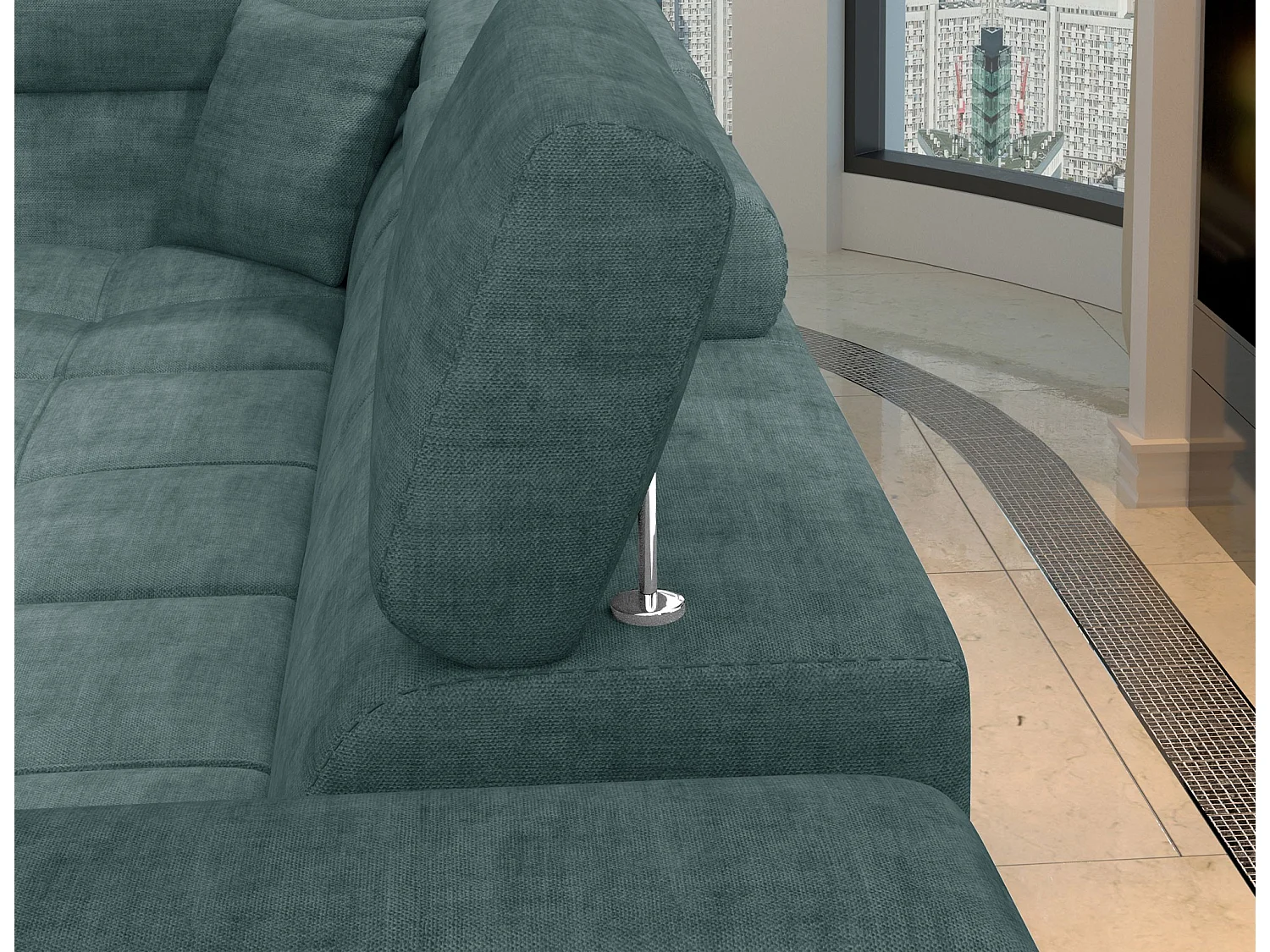 Canapé d’angle convertible MARIDO en tissu avec coffre et têtières réglables – 275cm-Vert-angle droit