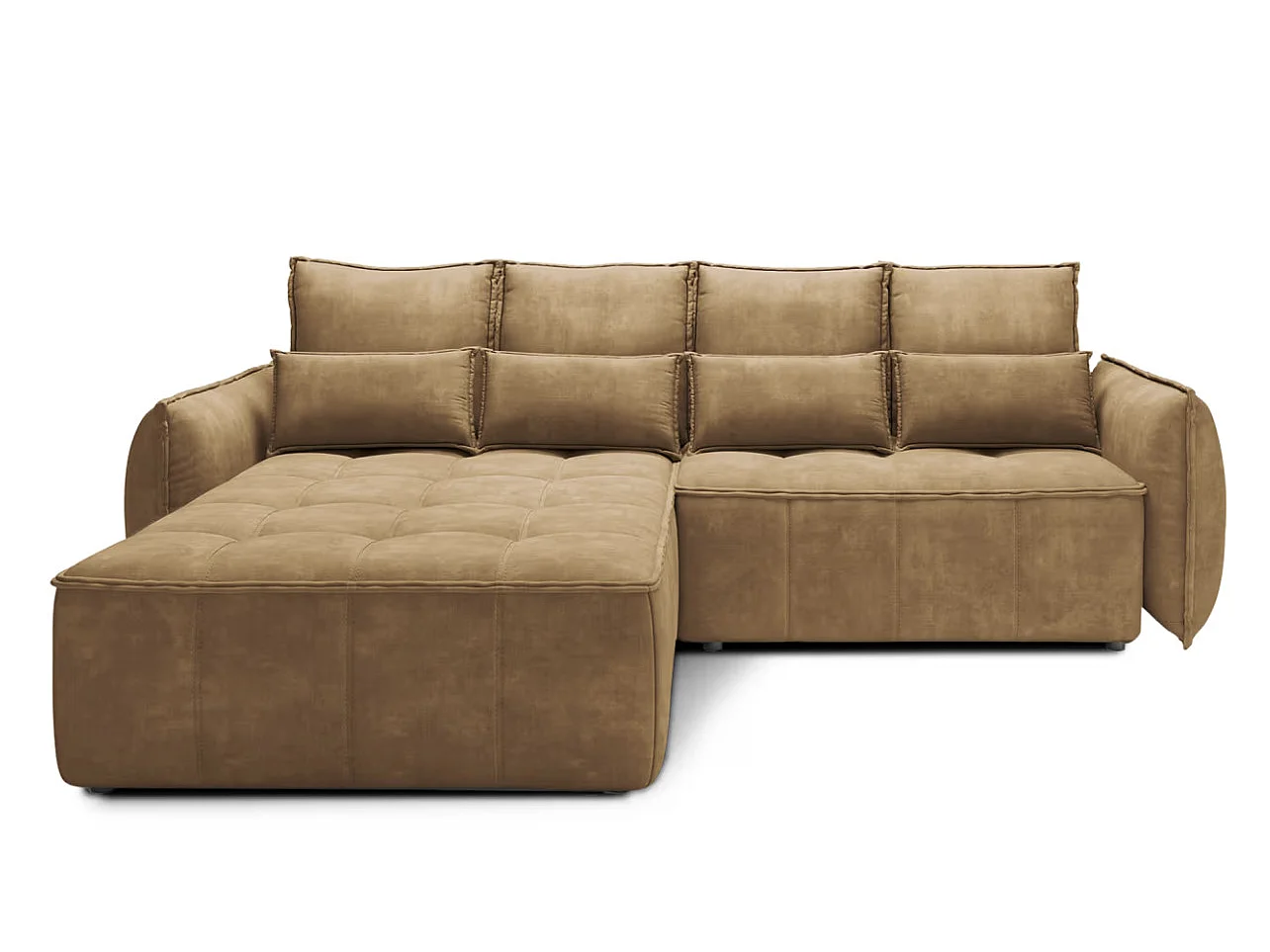 Canapé d’angle convertible 4 places KAMPUS en tissu effet cuir avec coffre de rangement – 265cm-Marron clair-angle gauche