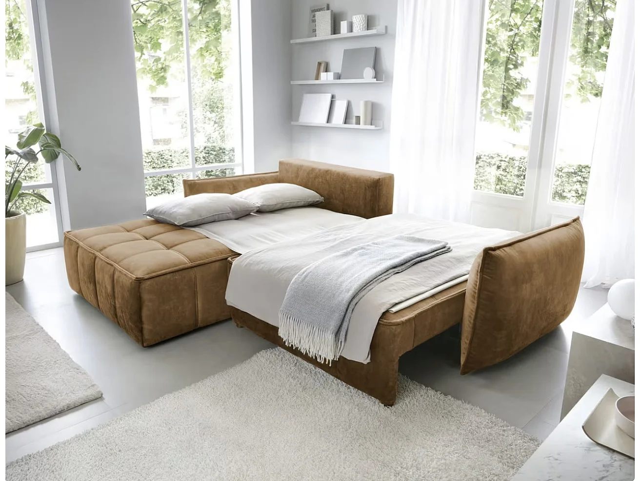 Canapé d’angle convertible 4 places KAMPUS en tissu effet cuir avec coffre de rangement – 265cm-Marron clair-angle gauche
