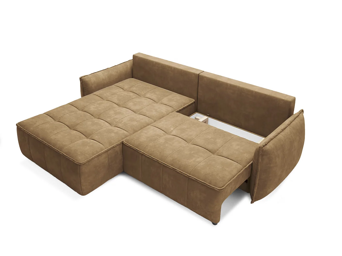 Canapé d’angle convertible 4 places KAMPUS en tissu effet cuir avec coffre de rangement – 265cm-Marron clair-angle gauche