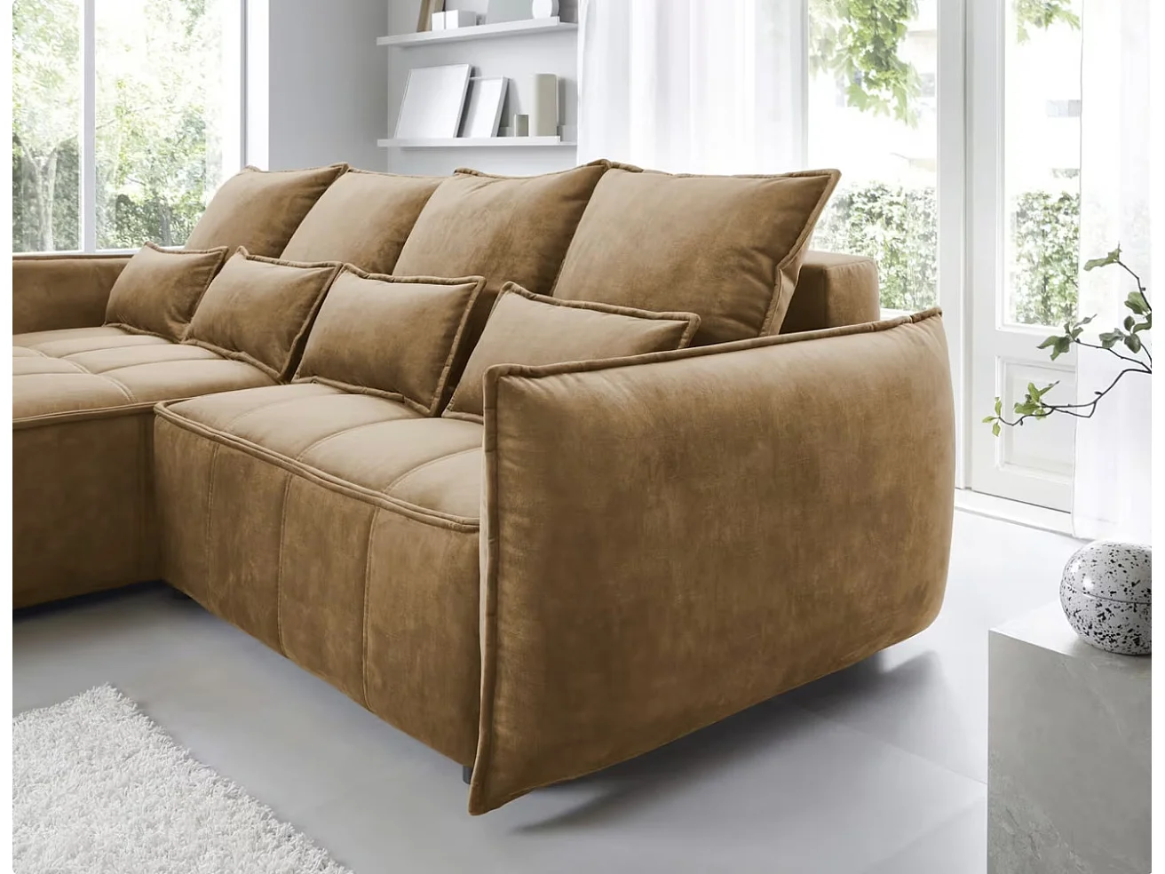 Canapé d’angle convertible 4 places KAMPUS en tissu effet cuir avec coffre de rangement – 265cm-Marron clair-angle gauche