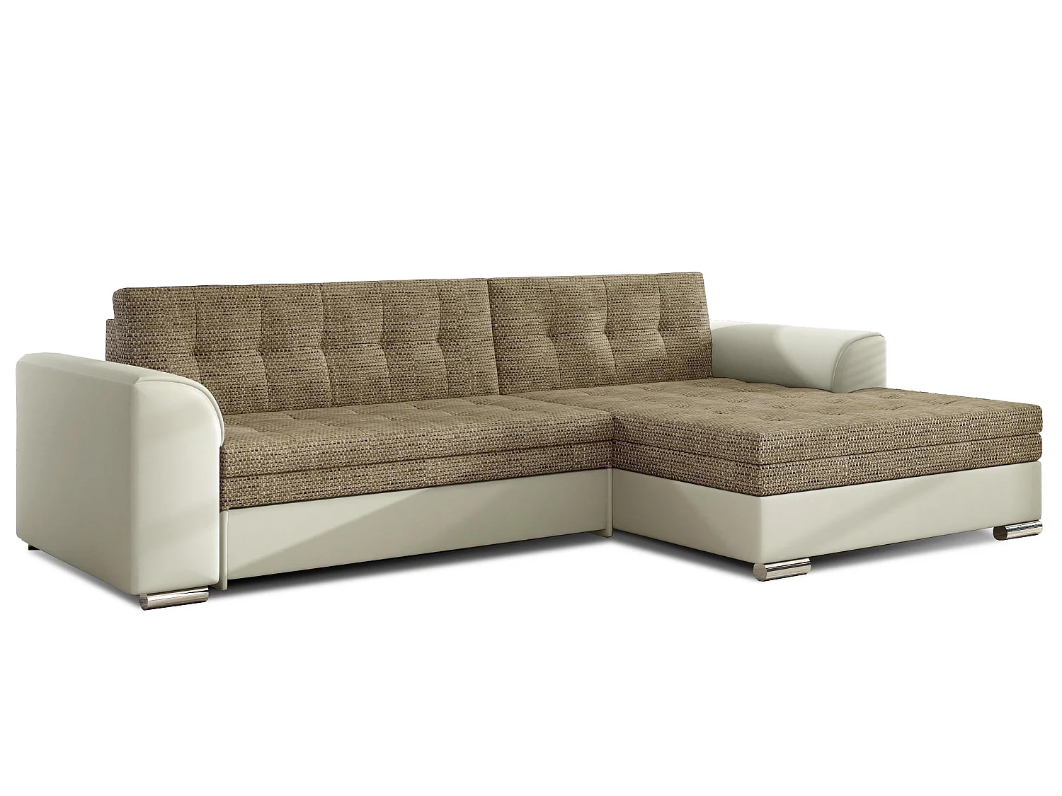 Sofá esquinero convertible KAPONA en tela y piel sintética - Patas de acero cromado-Beige claro/Beige jaspeado-Ángulos rectos
