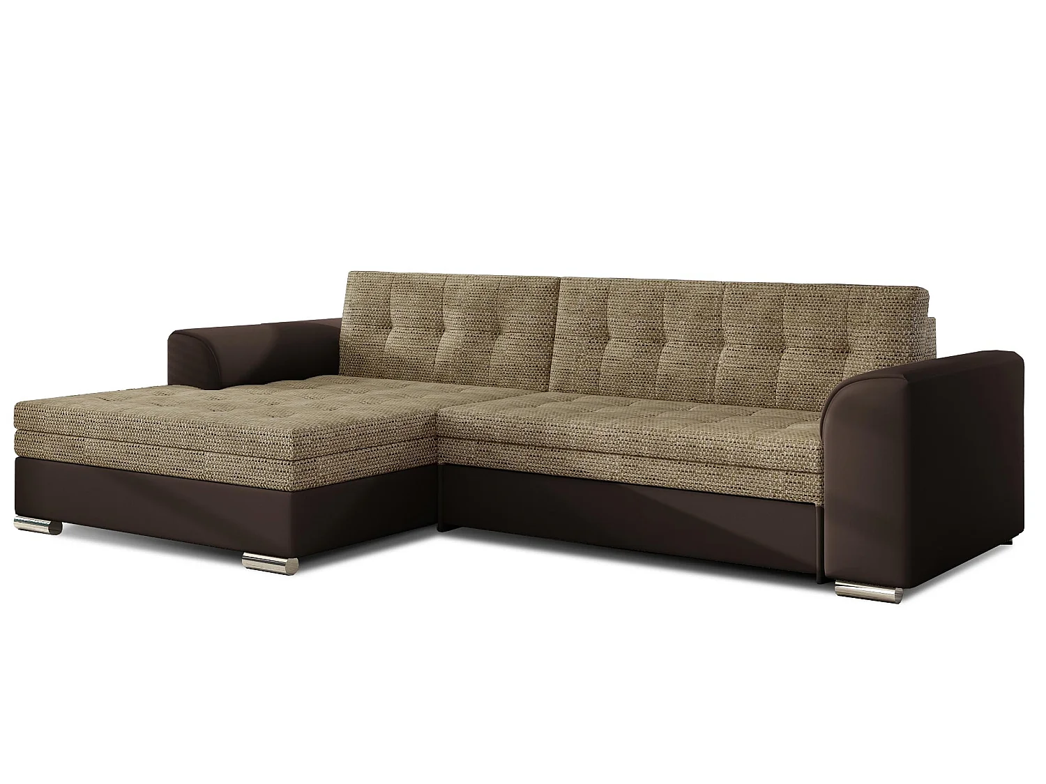 Sofá esquinero convertible KAPONA en tela y piel sintética - Patas de acero cromado-Marrón/Beige jaspeado-Ángulo izquierdo