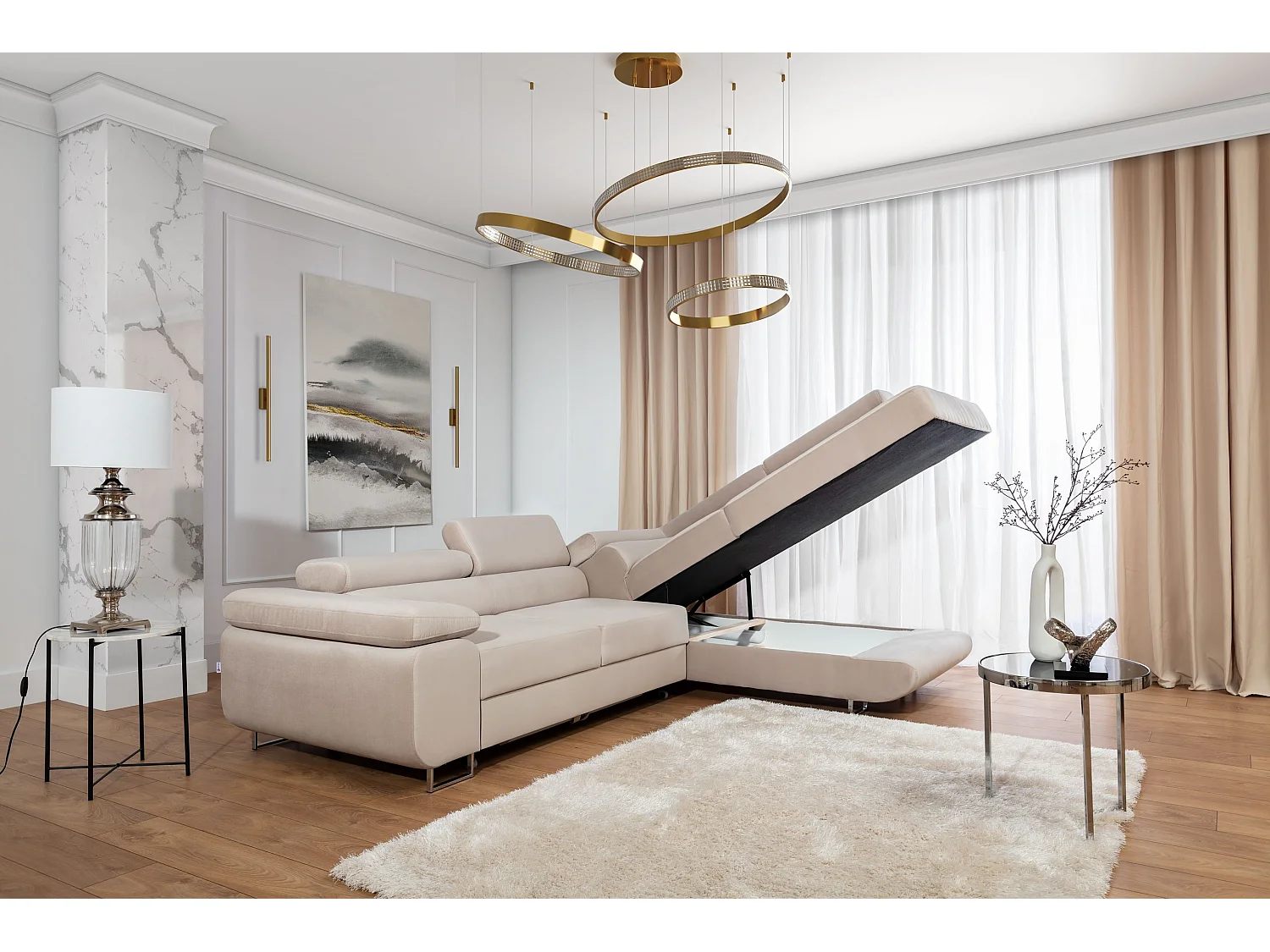 Canapé d’angle convertible MARKA en velours avec coffre et têtières réglables – 272cm-Beige clair-angle droit