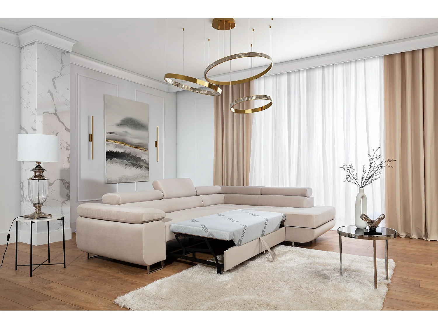 Canapé d’angle convertible MARKA en velours avec coffre et têtières réglables – 272cm-Beige clair-angle droit