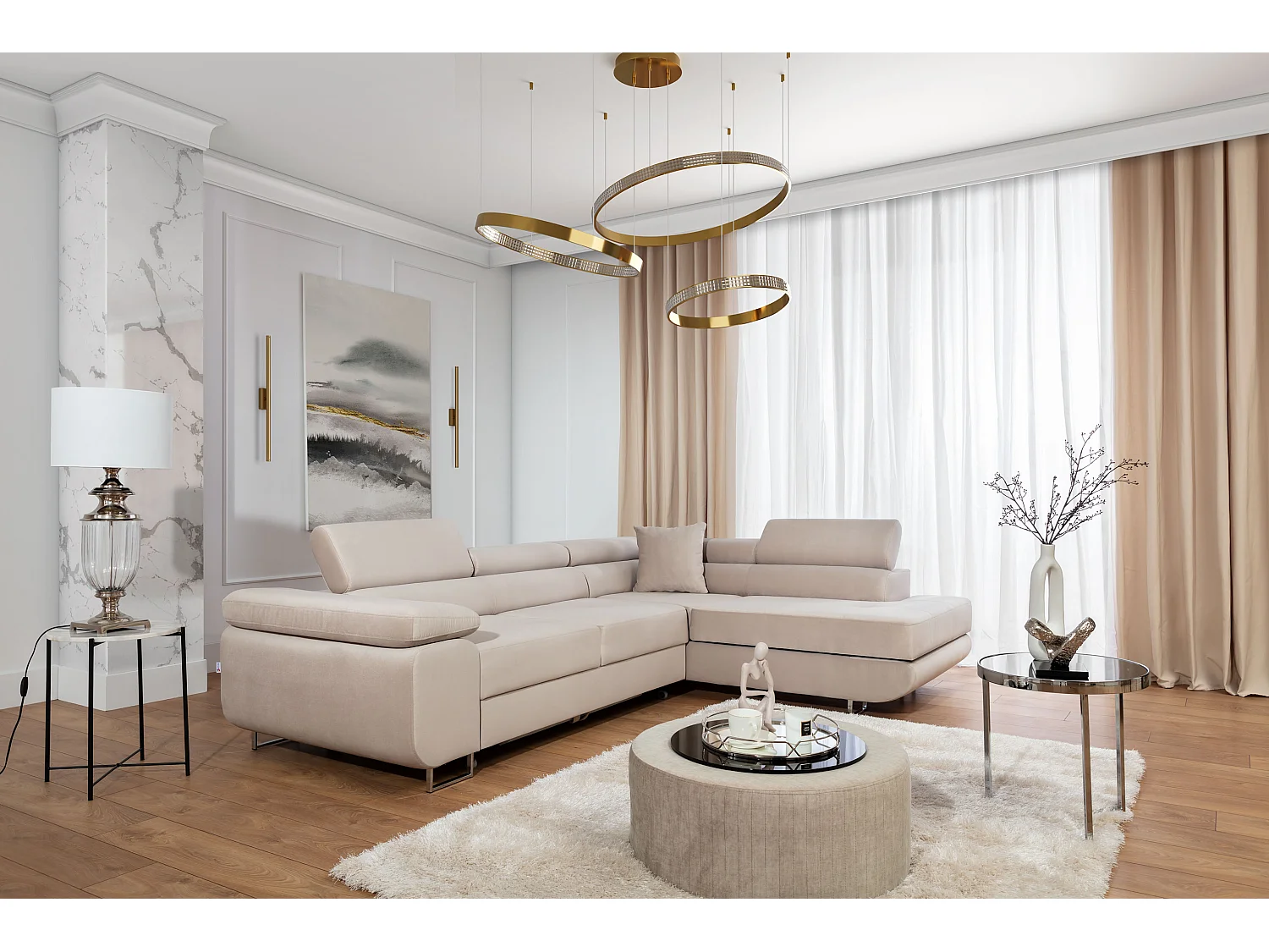 Canapé d’angle convertible MARKA en velours avec coffre et têtières réglables – 272cm-Beige clair-angle droit