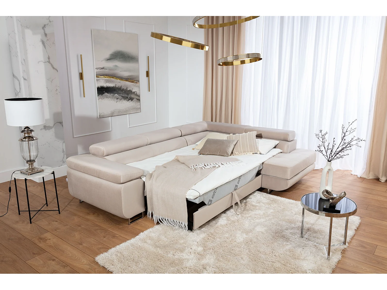 Canapé d’angle convertible MARKA en velours avec coffre et têtières réglables – 272cm-Beige clair-angle droit