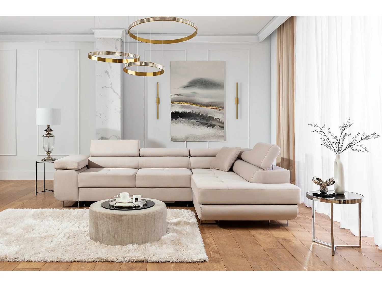 Canapé d’angle convertible MARKA en velours avec coffre et têtières réglables – 272cm-Beige clair-angle droit
