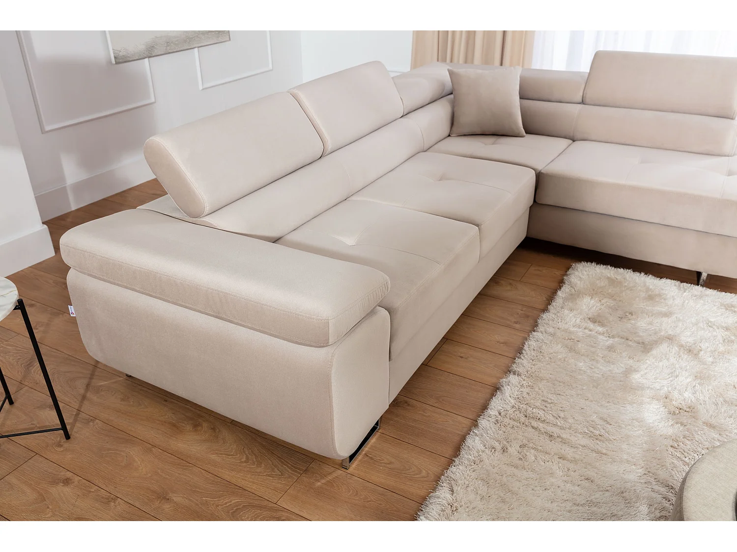 Canapé d’angle convertible MARKA en velours avec coffre et têtières réglables – 272cm-Beige clair-angle droit