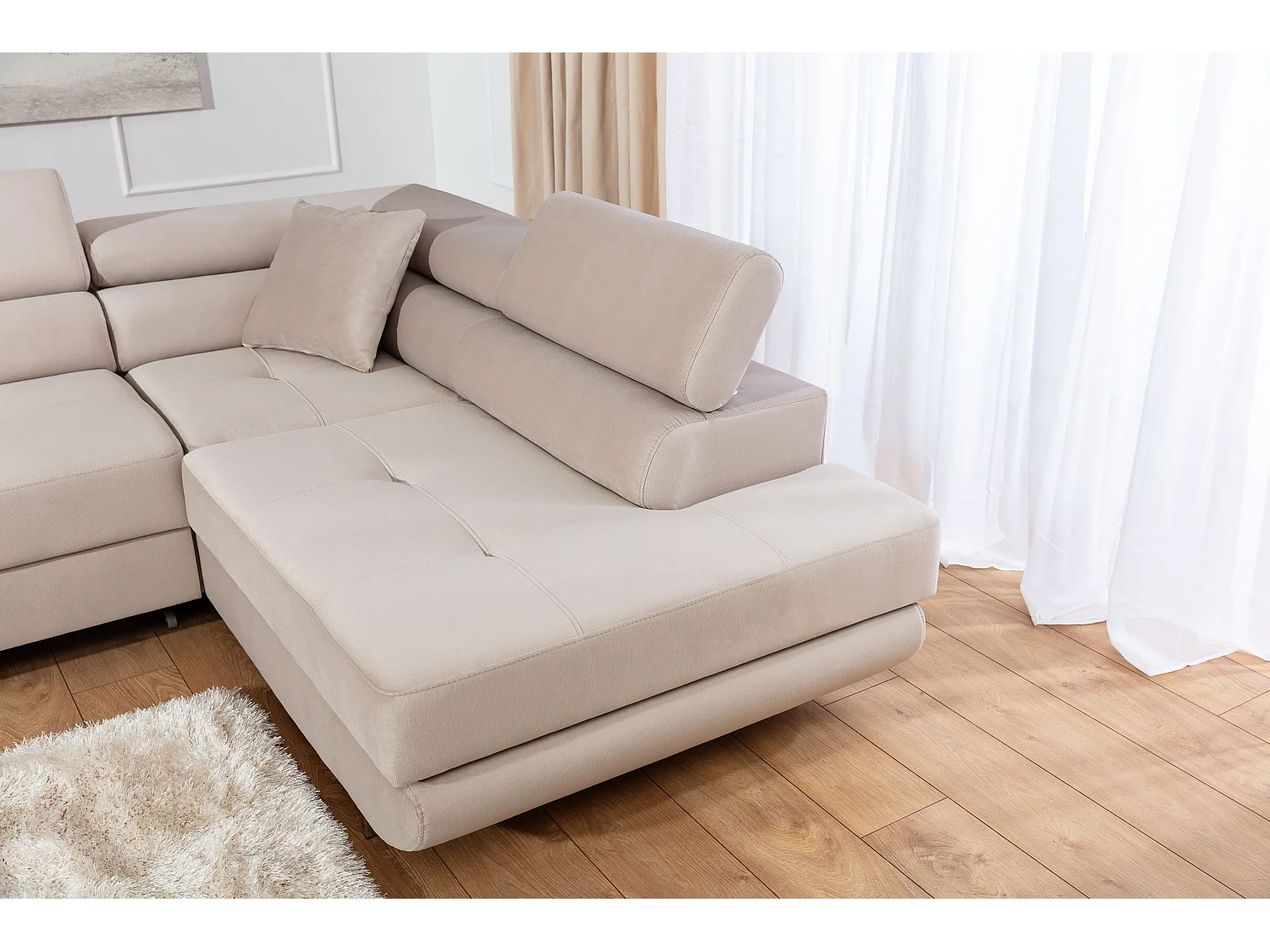 Canapé d’angle convertible MARKA en velours avec coffre et têtières réglables – 272cm-Beige clair-angle droit