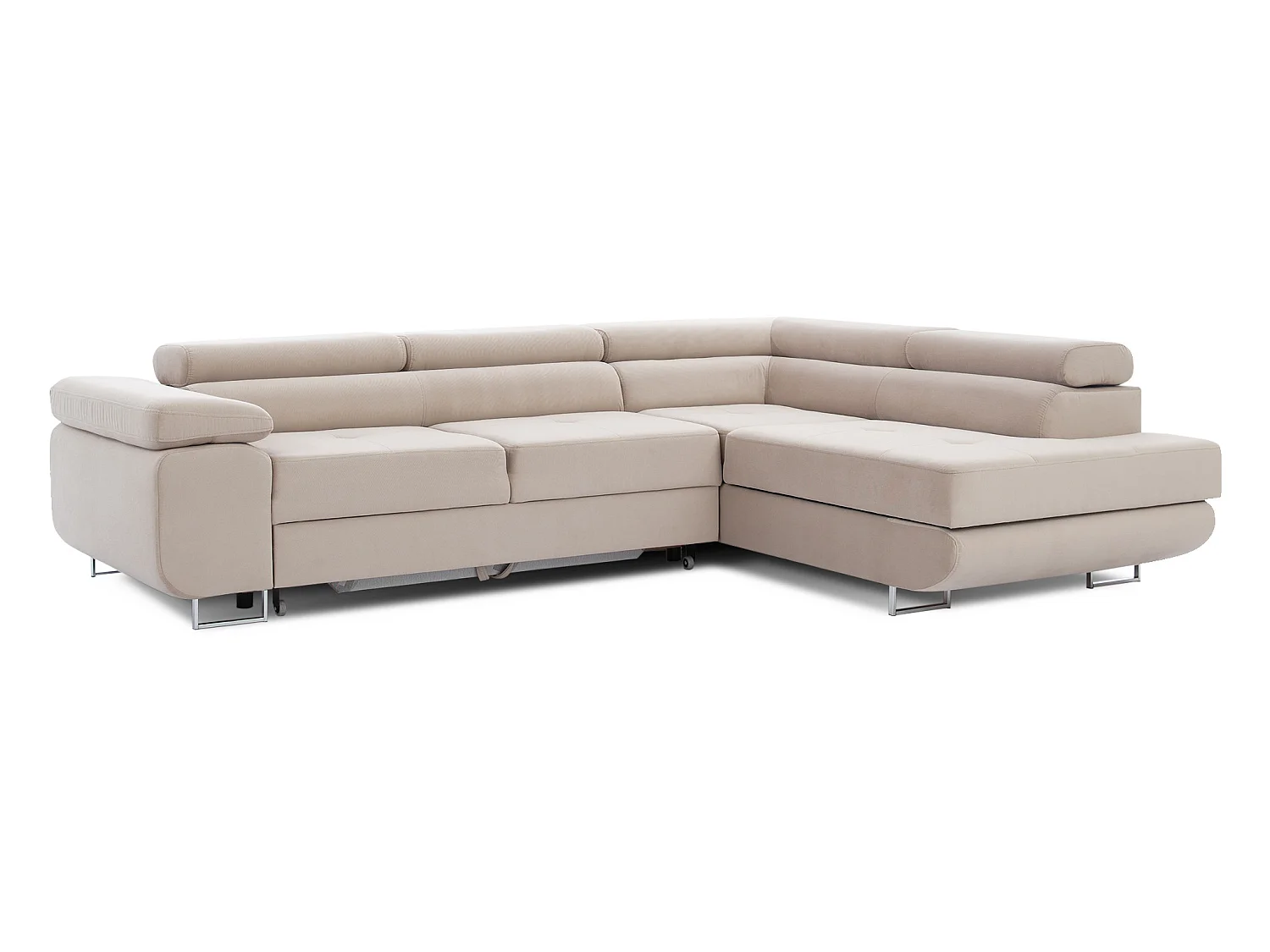Canapé d’angle convertible MARKA en velours avec coffre et têtières réglables – 272cm-Beige clair-angle droit