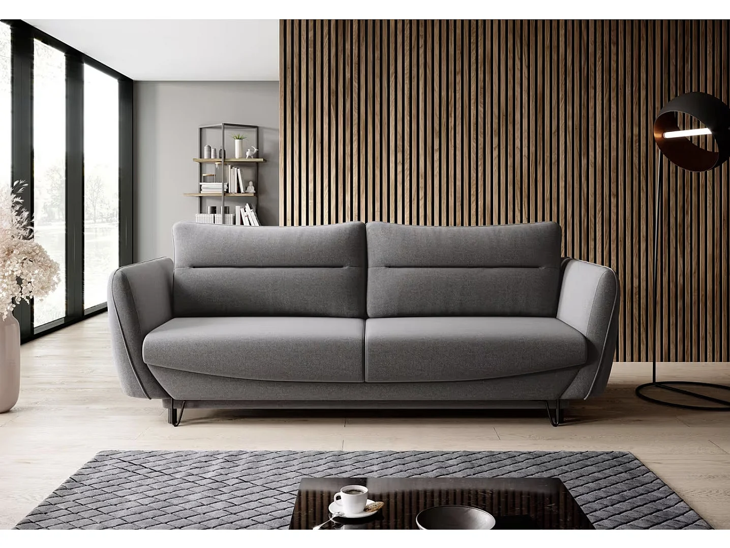 Canapé droit convertible 3 places tissu ZURIK 236cm - Coffre de rangement & pieds métal noir-Gris foncé