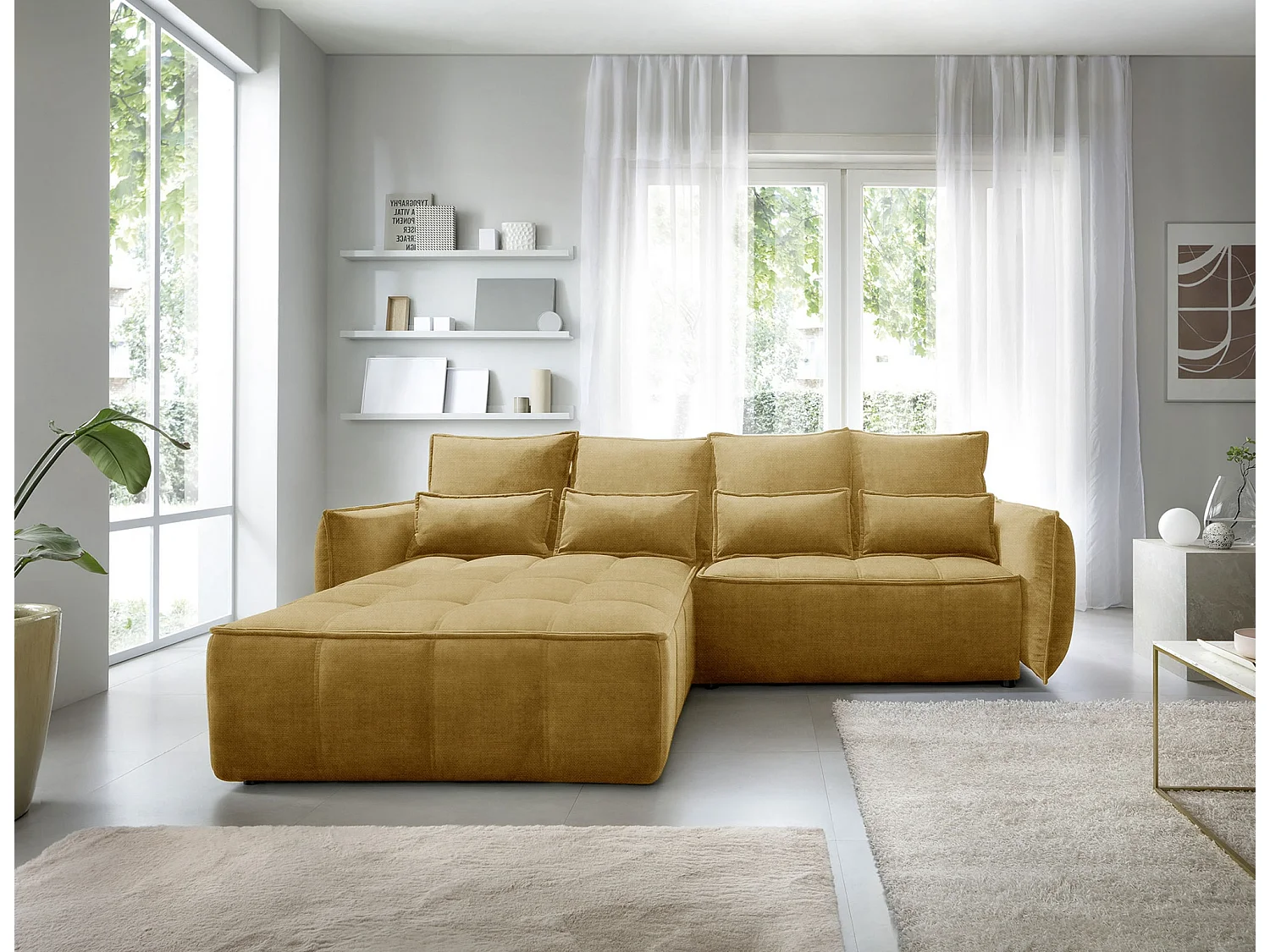 Canapé d’angle convertible 4 places KAMPUS en tissu effet cuir avec coffre de rangement – 265cm-Jaune chamoix-angle gauche