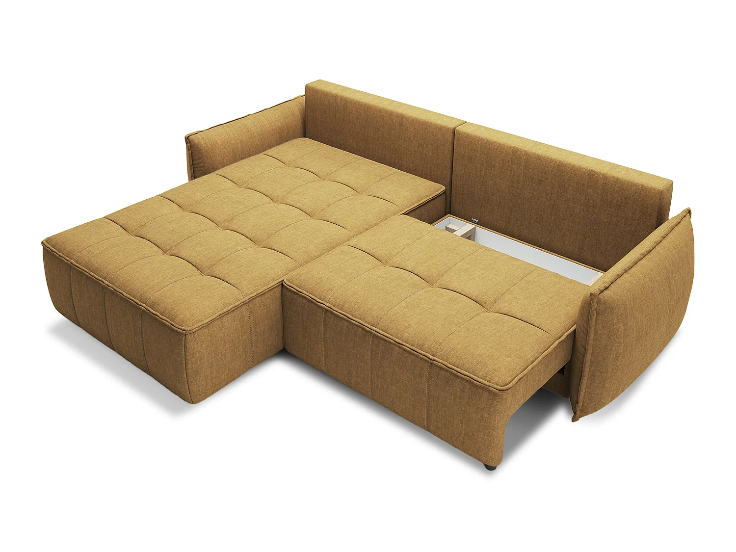 Canapé d’angle convertible 4 places KAMPUS en tissu effet cuir avec coffre de rangement – 265cm-Jaune chamoix-angle gauche
