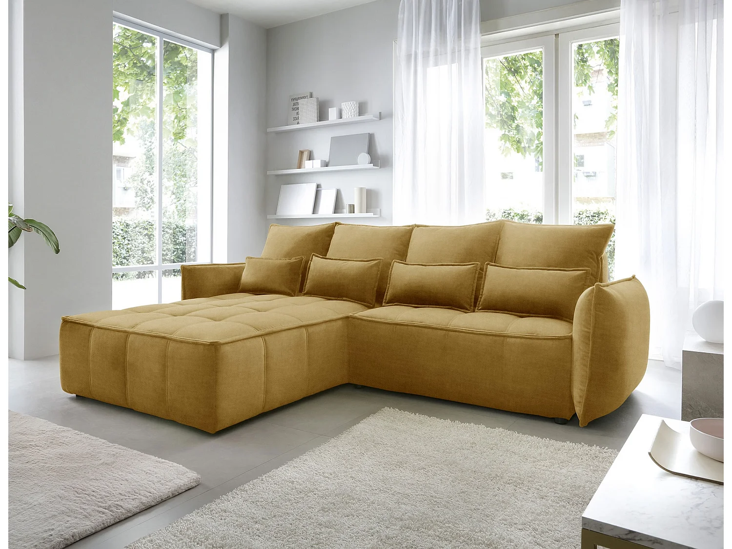 Canapé d’angle convertible 4 places KAMPUS en tissu effet cuir avec coffre de rangement – 265cm-Jaune chamoix-angle gauche