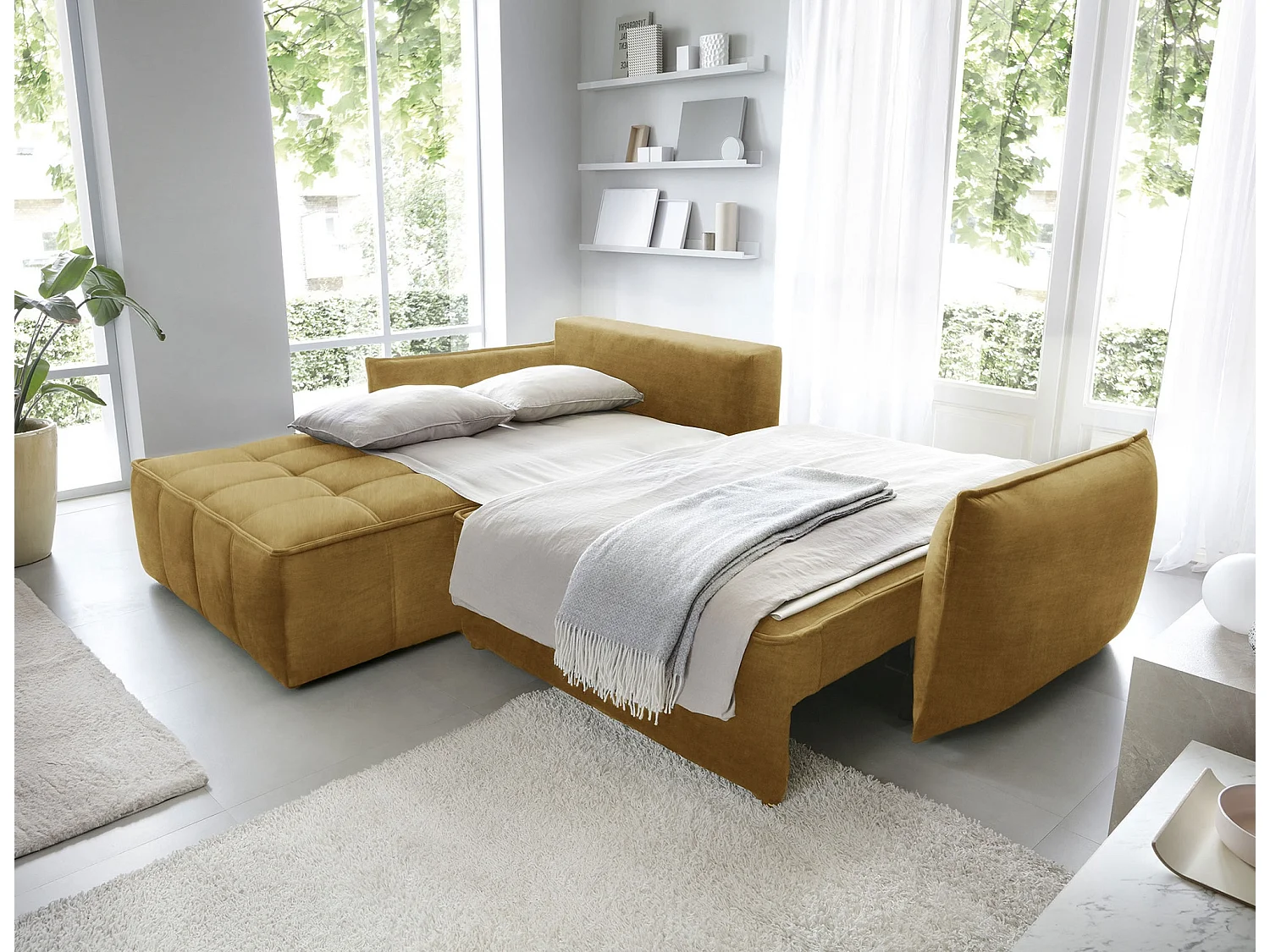 Canapé d’angle convertible 4 places KAMPUS en tissu effet cuir avec coffre de rangement – 265cm-Jaune chamoix-angle gauche