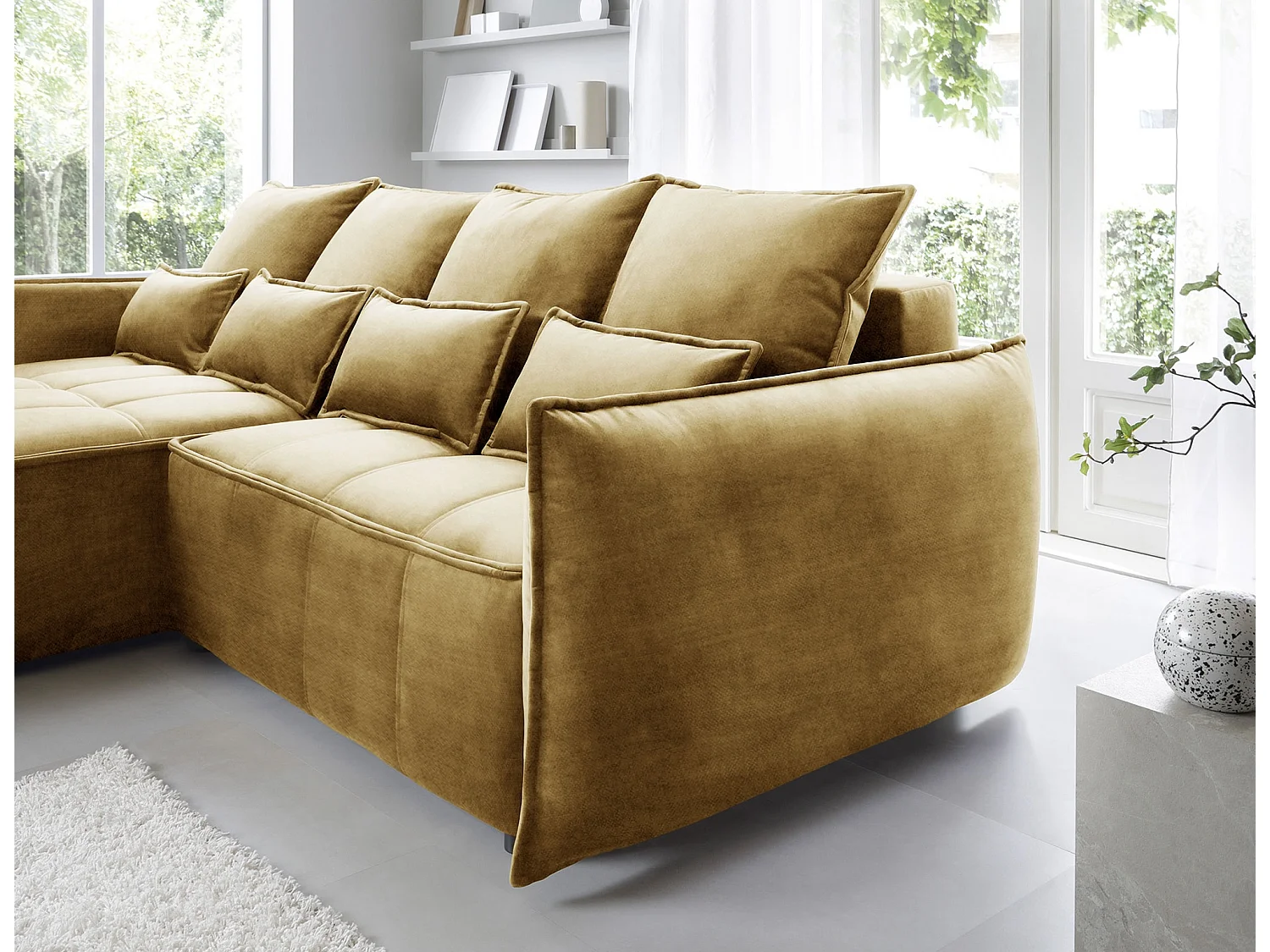 Canapé d’angle convertible 4 places KAMPUS en tissu effet cuir avec coffre de rangement – 265cm-Jaune chamoix-angle gauche